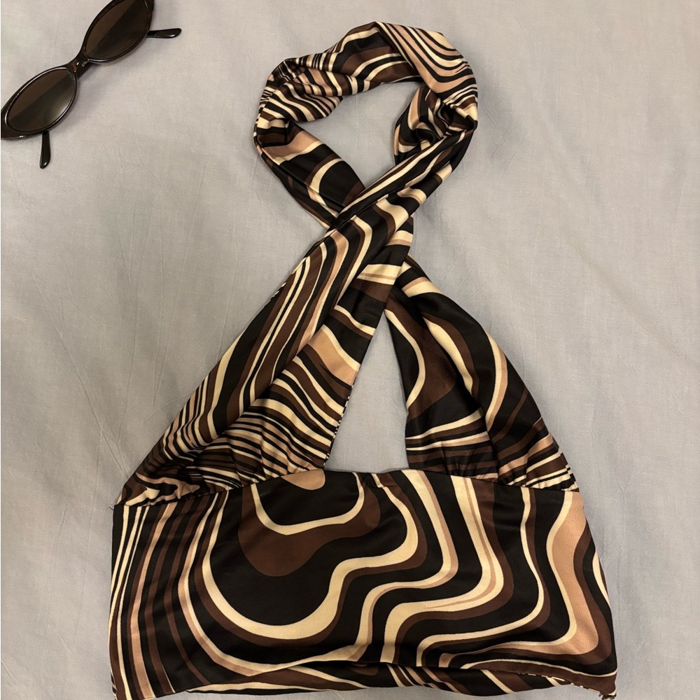 Isabelle’s Cabinet Brown Marble / Swirl Cross-Front Halter Crop Top (S)